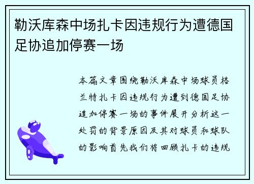 勒沃库森中场扎卡因违规行为遭德国足协追加停赛一场